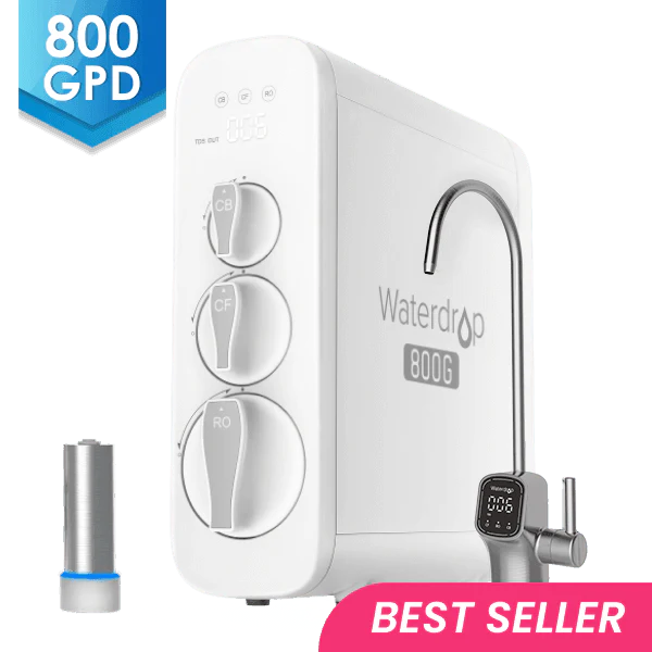 Waterdrop G3P800 Tanklose Umkehrosmoseanlage mit LED-Anzeige und hoher Kapazität für 800 GPD, ideal für reines Wasser und nachhaltige Nutzung.