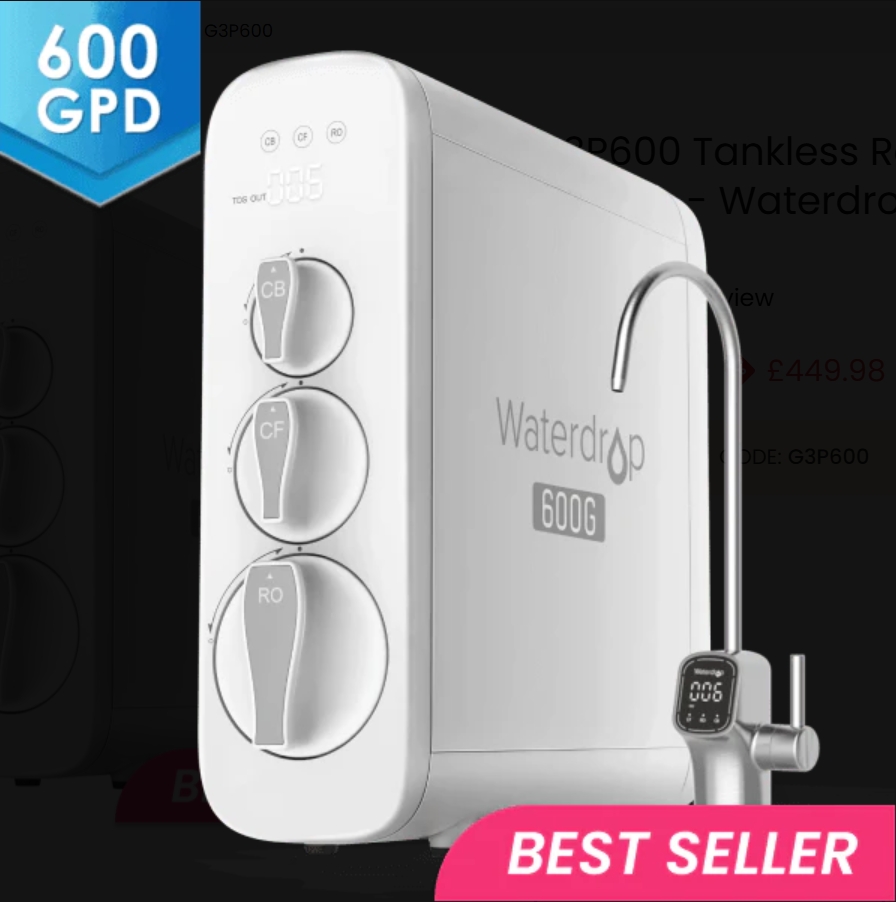 Waterdrop G3P600 Tanklose Umkehrosmoseanlage mit modernem Design und hochwertigem Filtersystem.